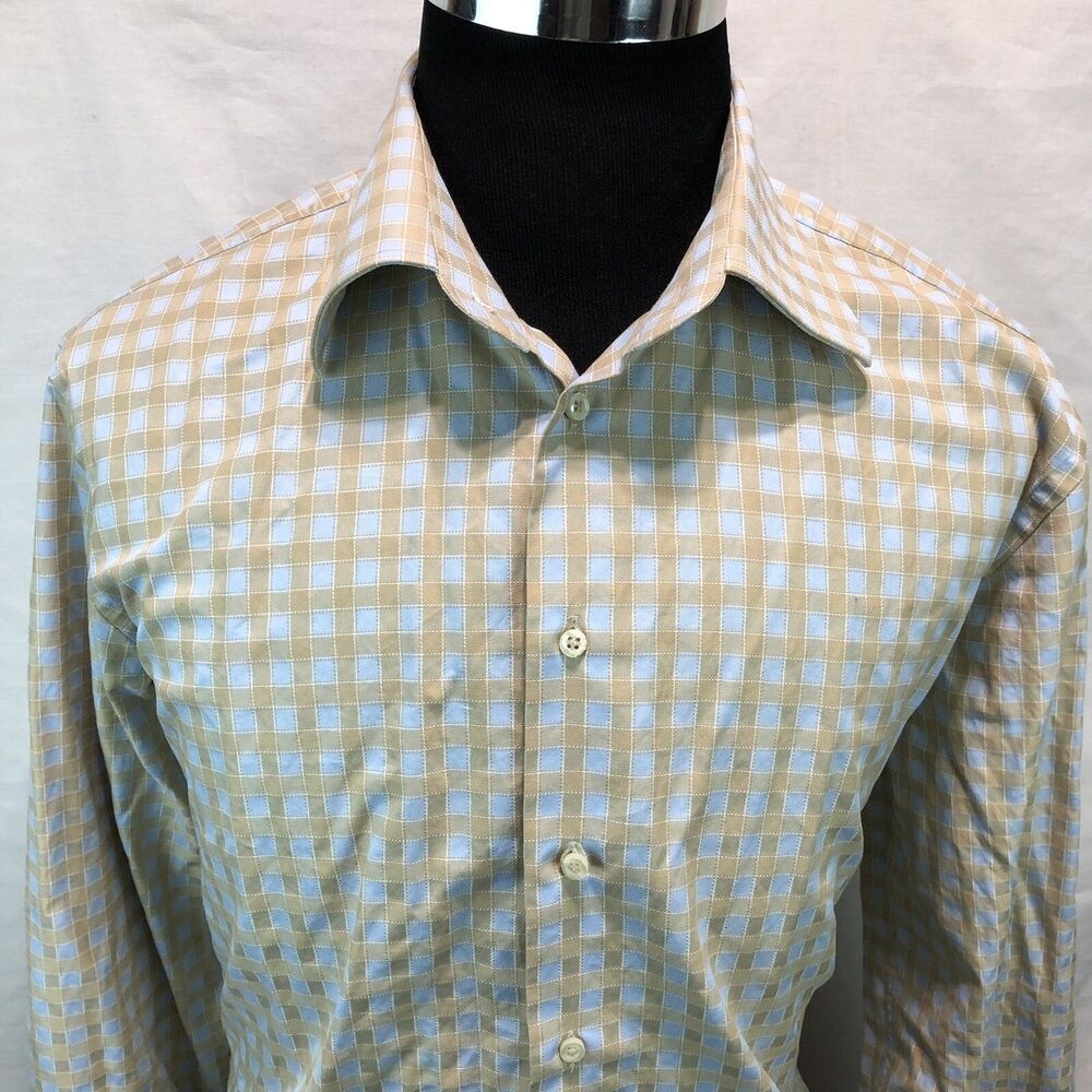 Zara Gold Blue Checked Button Down Long Sleeve Dress Shirt Size 16 BB7